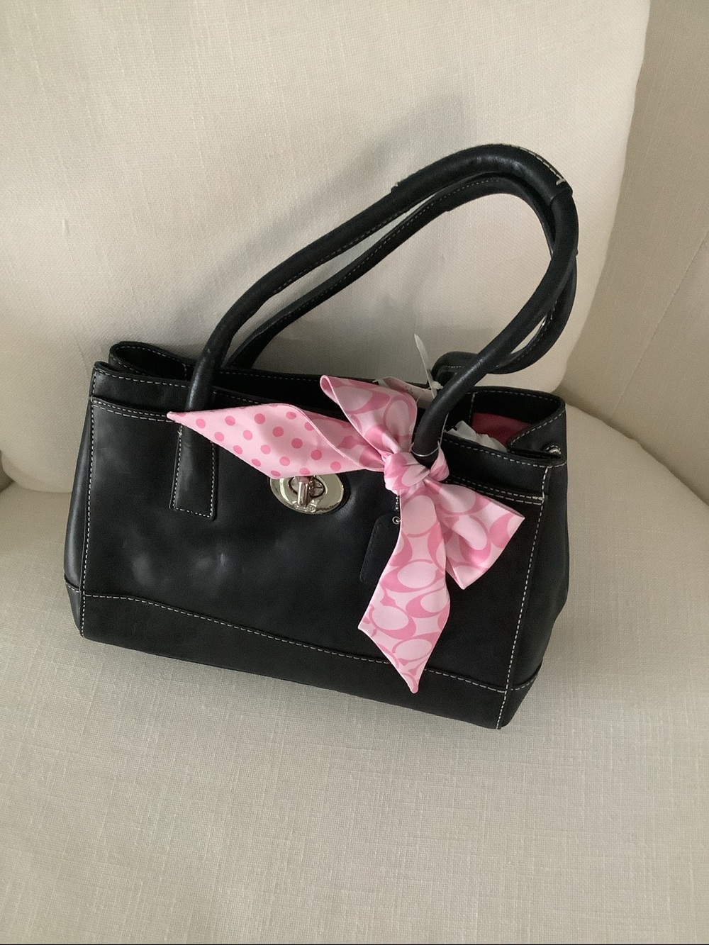 Coach Black Leather Satchel Handbag Pink Signature Scarf NWT